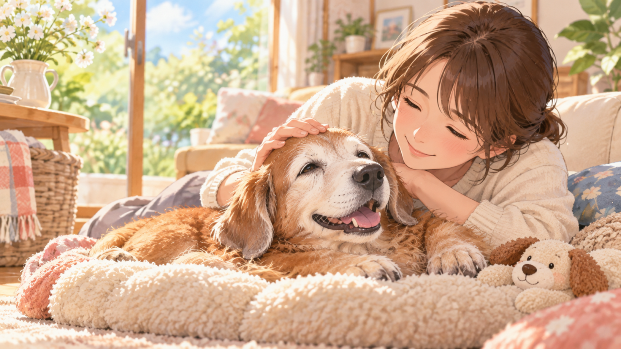高齢のゴールデンレトリバーを優しくなでる飼い主の女性