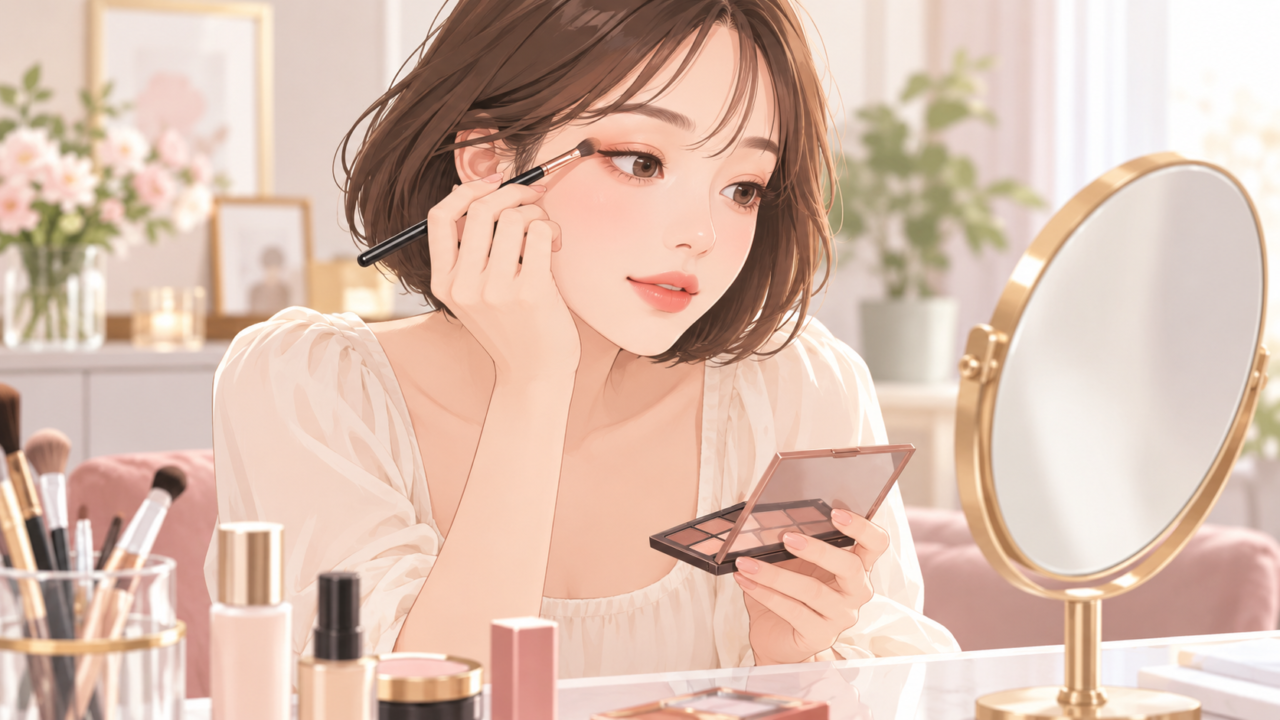 薄い色からアイシャドウを重ねて自然なグラデーションを作る女性