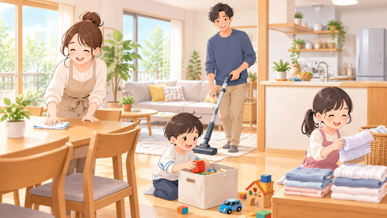 家族で掃除・片付け・洗濯を分担する様子のイラスト
