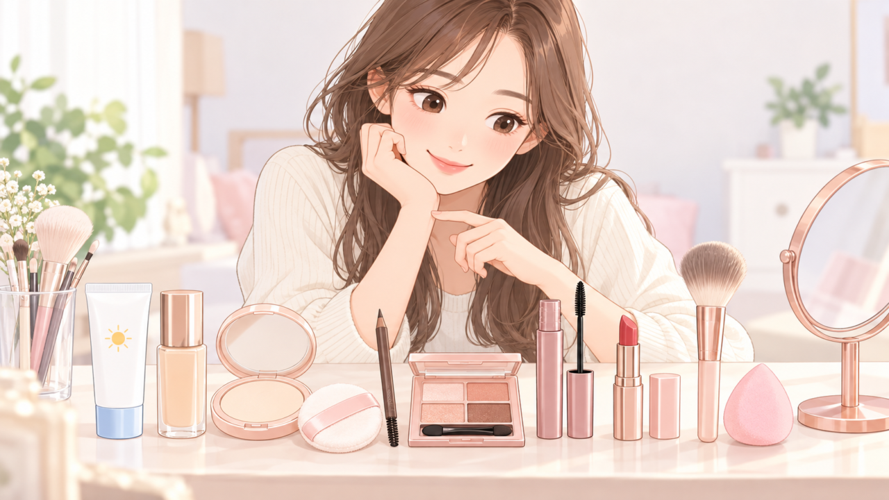 メイク初心者に必要な化粧品やメイク道具を並べて確認する女性のイラスト