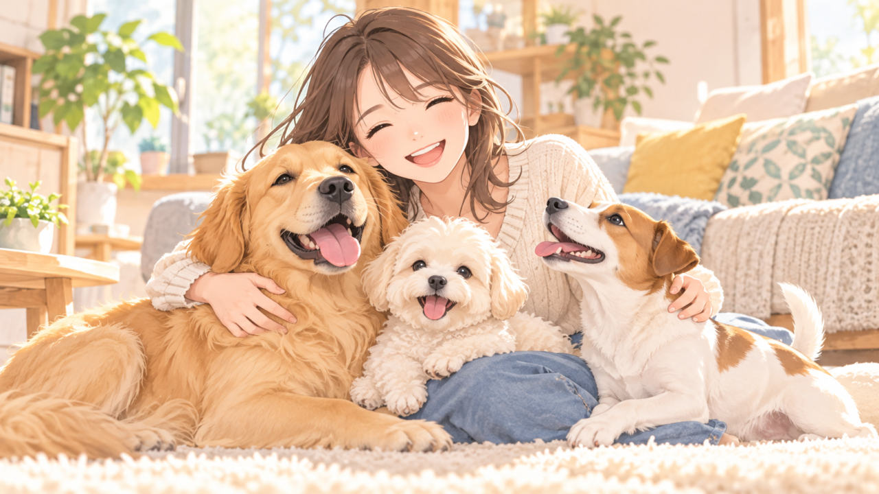 犬種の異なる3匹の犬と笑顔で寄り添う女性