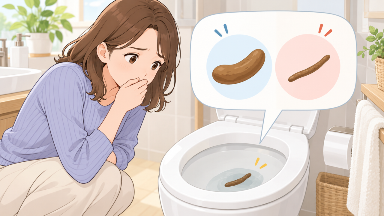 便が以前より細くなったことに気づき、トイレで驚く女性のイラスト
