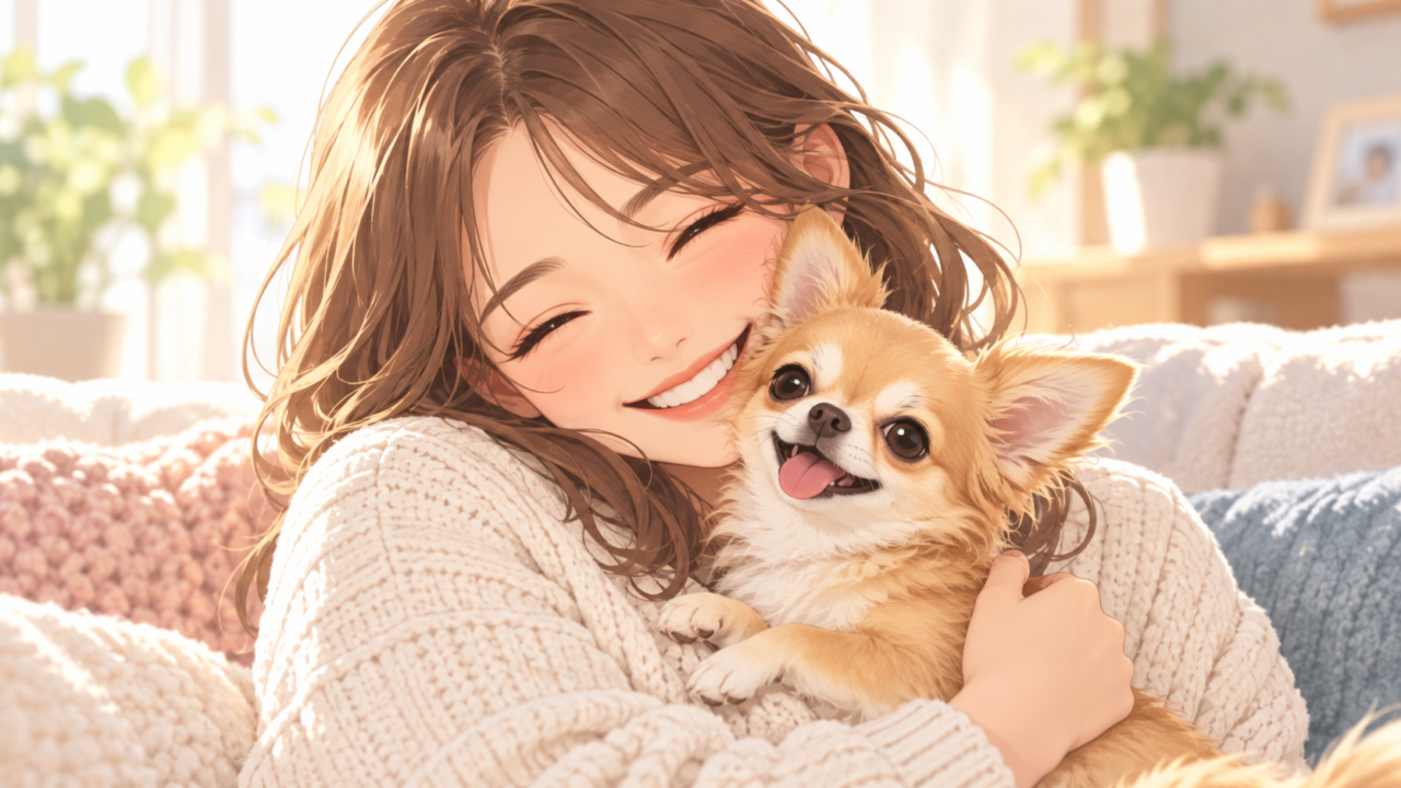 愛犬のチワワを抱きしめて幸せそうに笑う飼い主の女性
