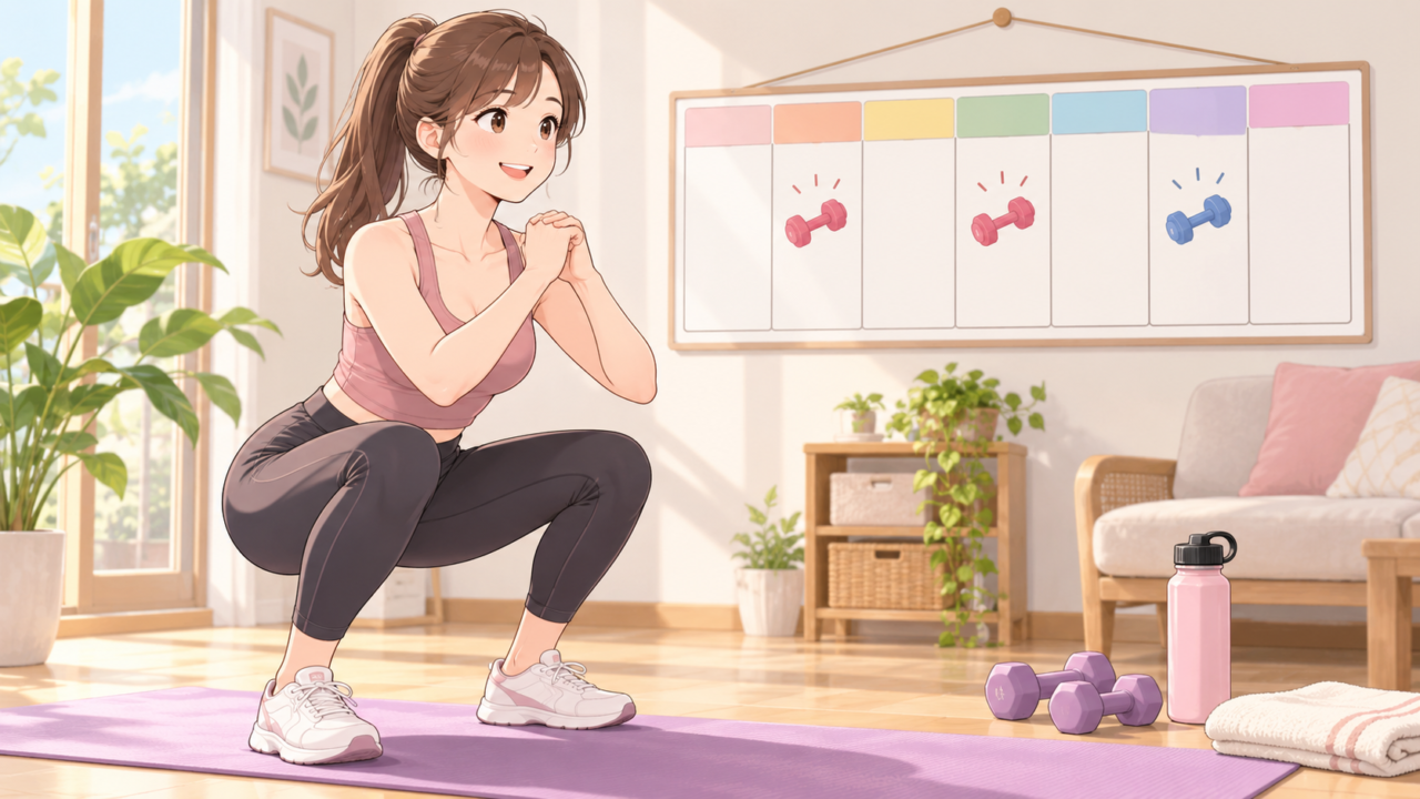 週2〜3日の筋トレ予定を立ててスクワットをする女性