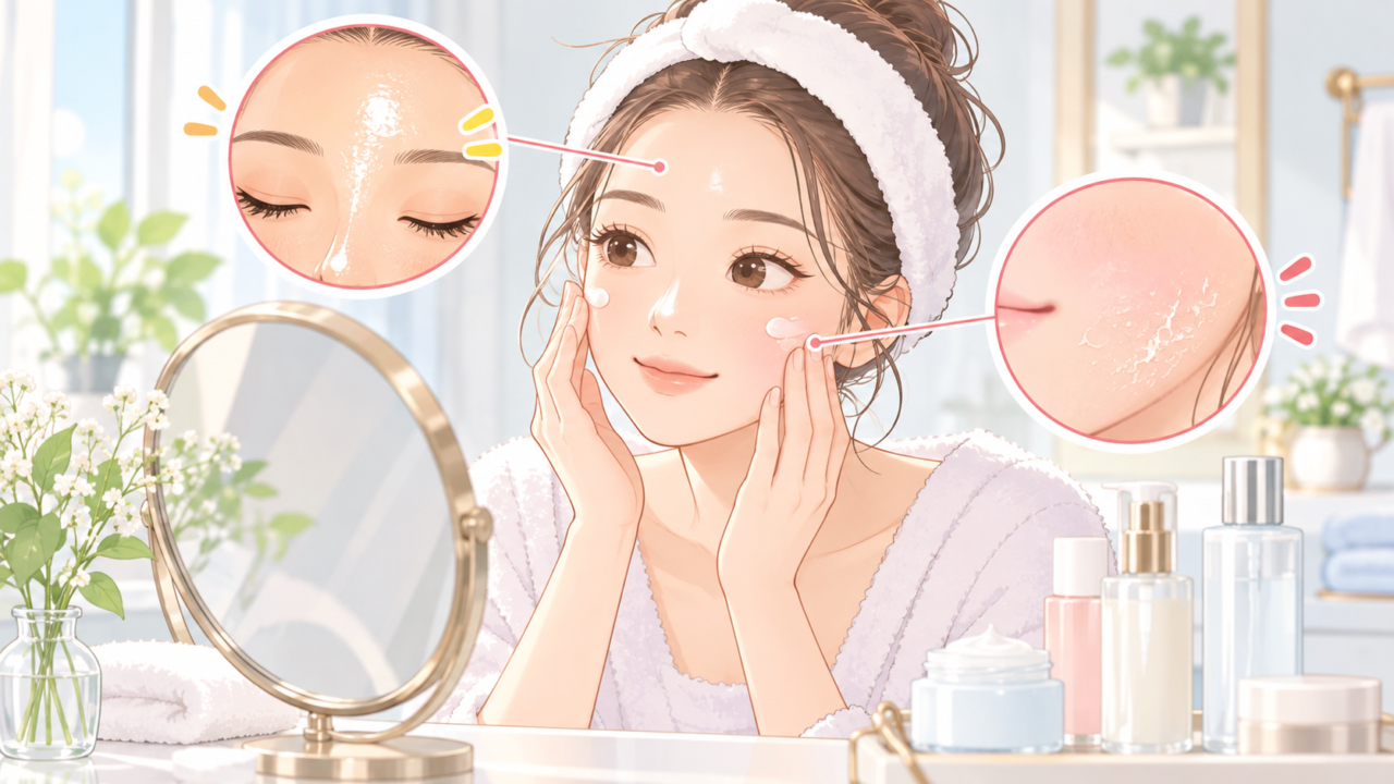 額の皮脂と頬の乾燥を示した混合肌の特徴を解説するイラスト