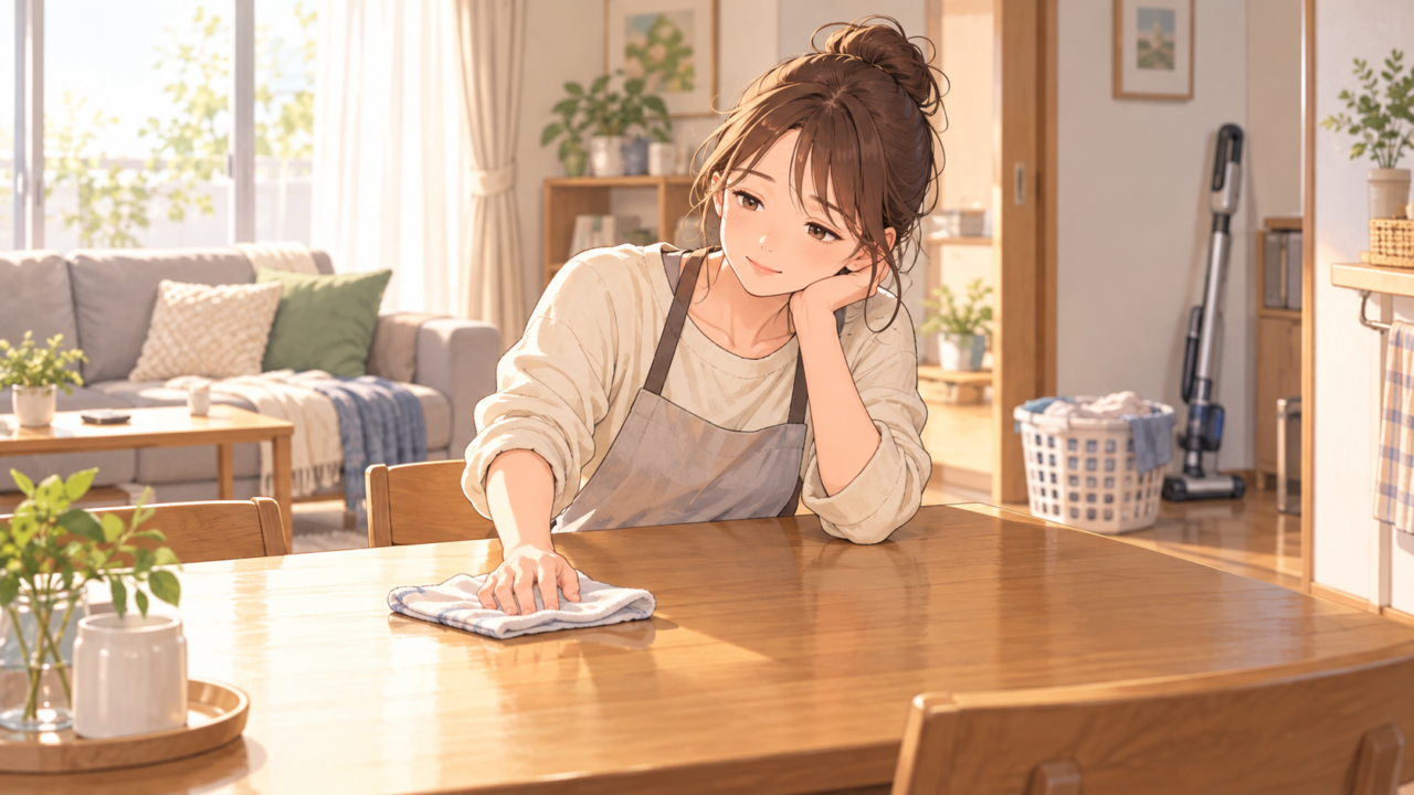 疲れている日に無理せずテーブルを拭き掃除する女性のイラスト