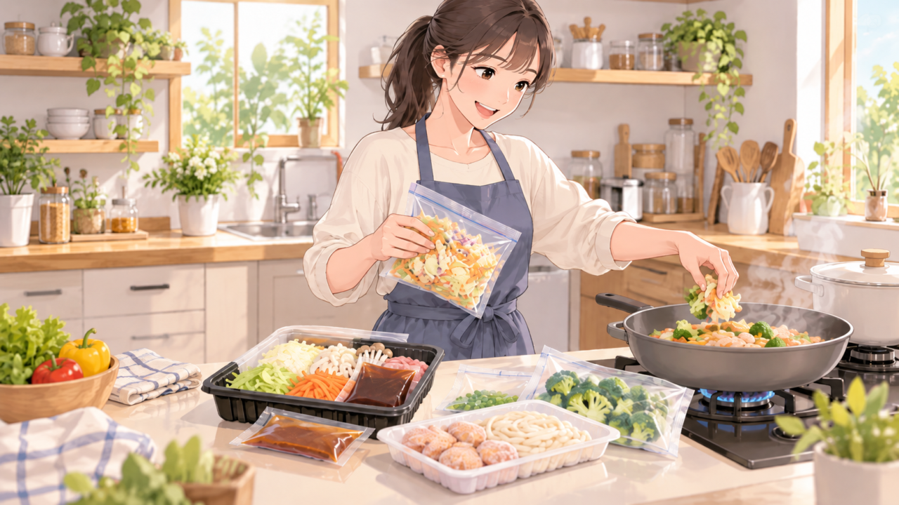 ミールキットの食材をフライパンに入れて時短調理する女性のイラスト