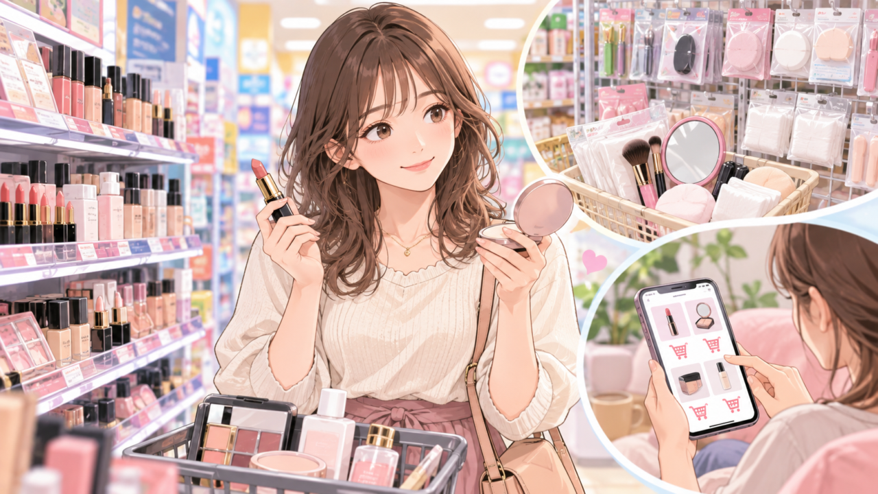 ドラッグストアや100円ショップ、通販でメイク用品を選ぶ女性のイラスト