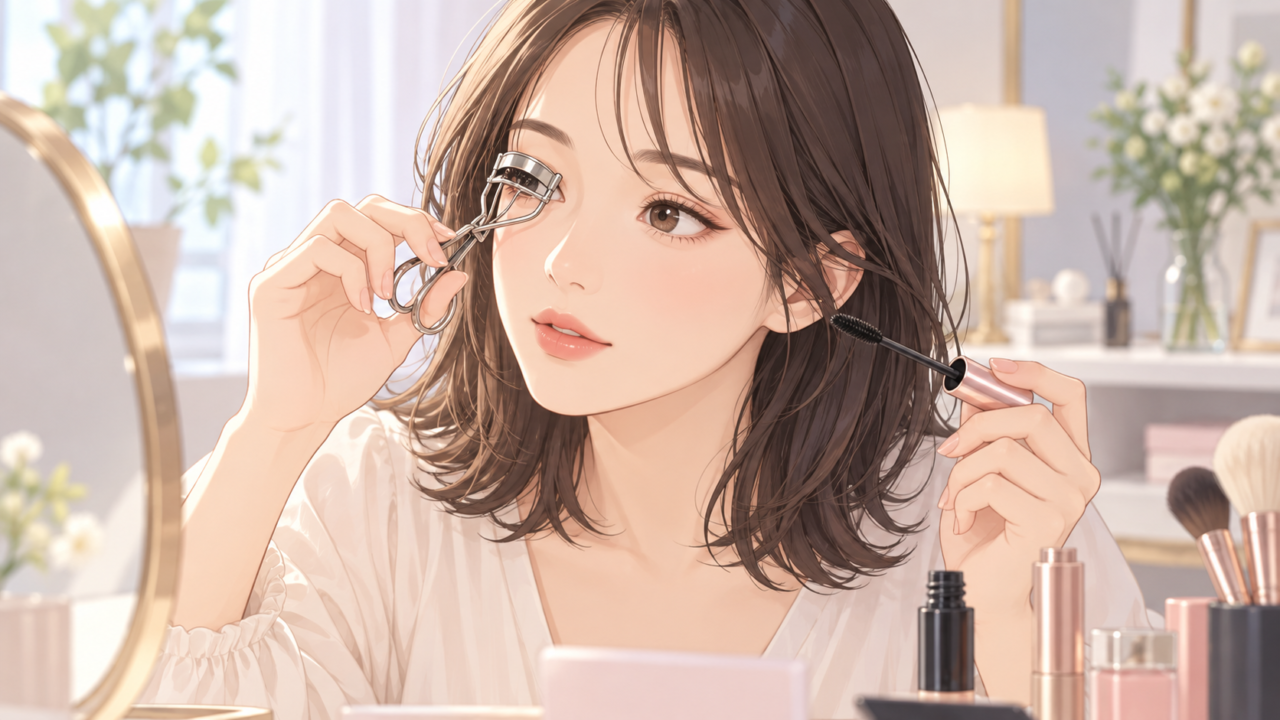 ビューラーでまつ毛を上げてマスカラで仕上げる女性