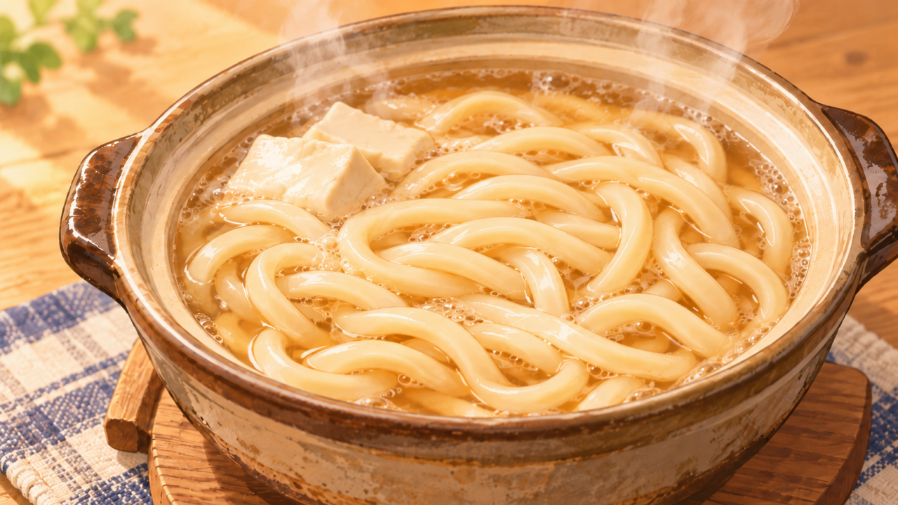 豆腐が入った温かい煮込みうどん