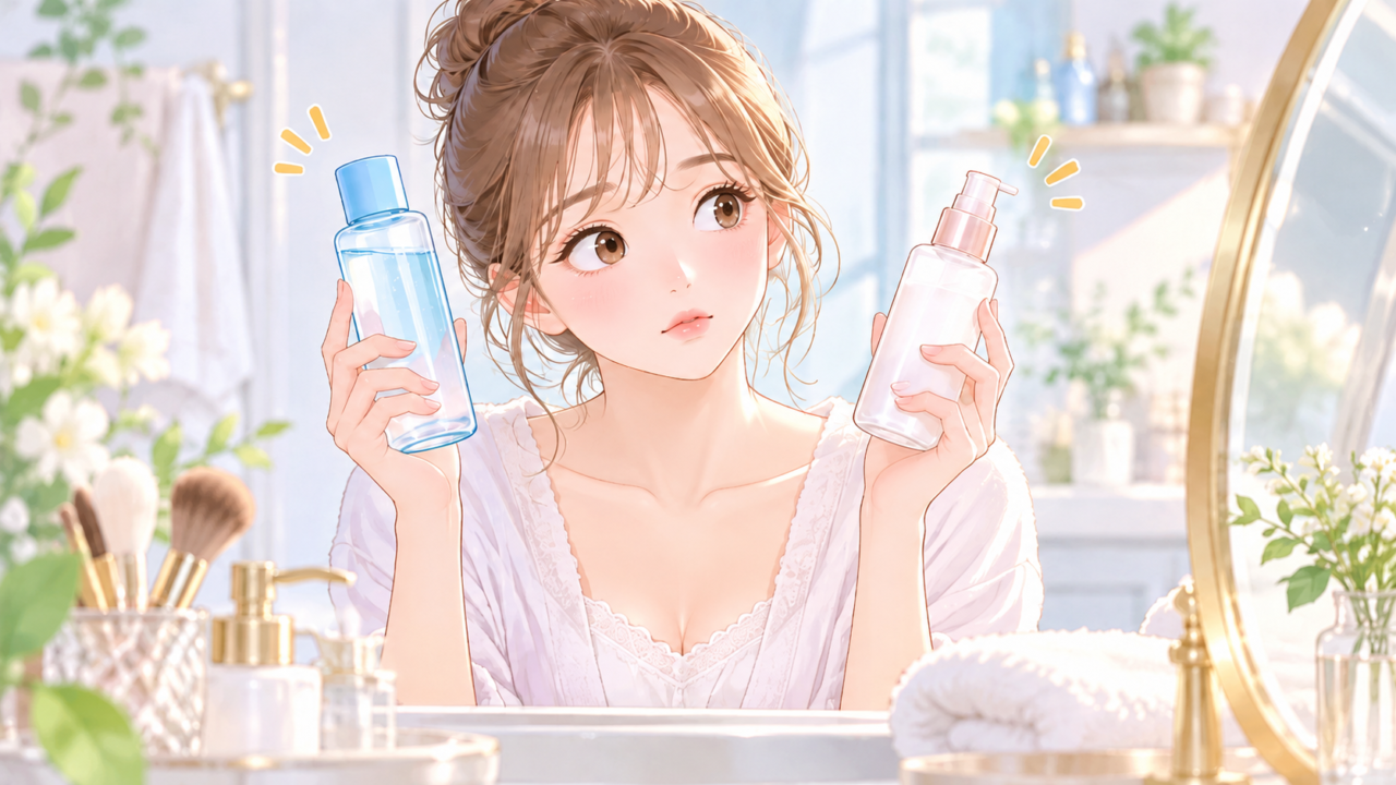 化粧水と乳液を手に持ちどちらを使うか迷う女性のイラスト