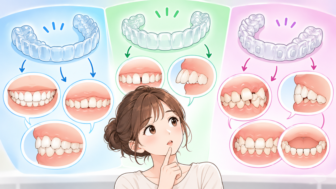 マウスピース矯正の種類によって対応できる歯並びの違いを比較するイラスト