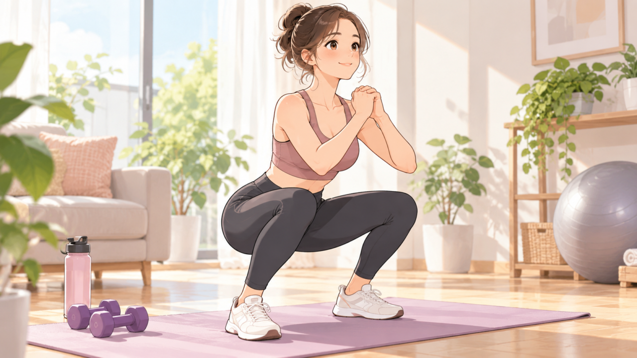 自宅でスクワットをする女性|ダイエットの筋力トレーニング