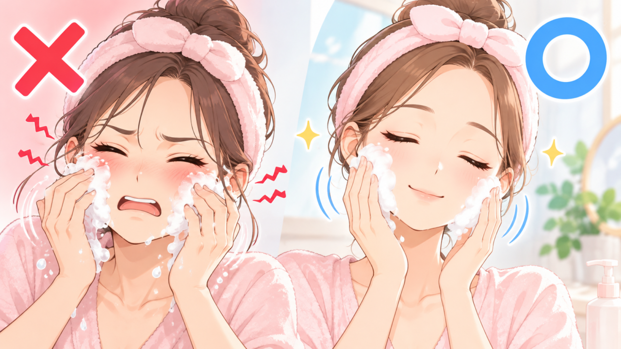 洗顔で肌を強くこするNG例と優しく洗う方法を比較したイラスト