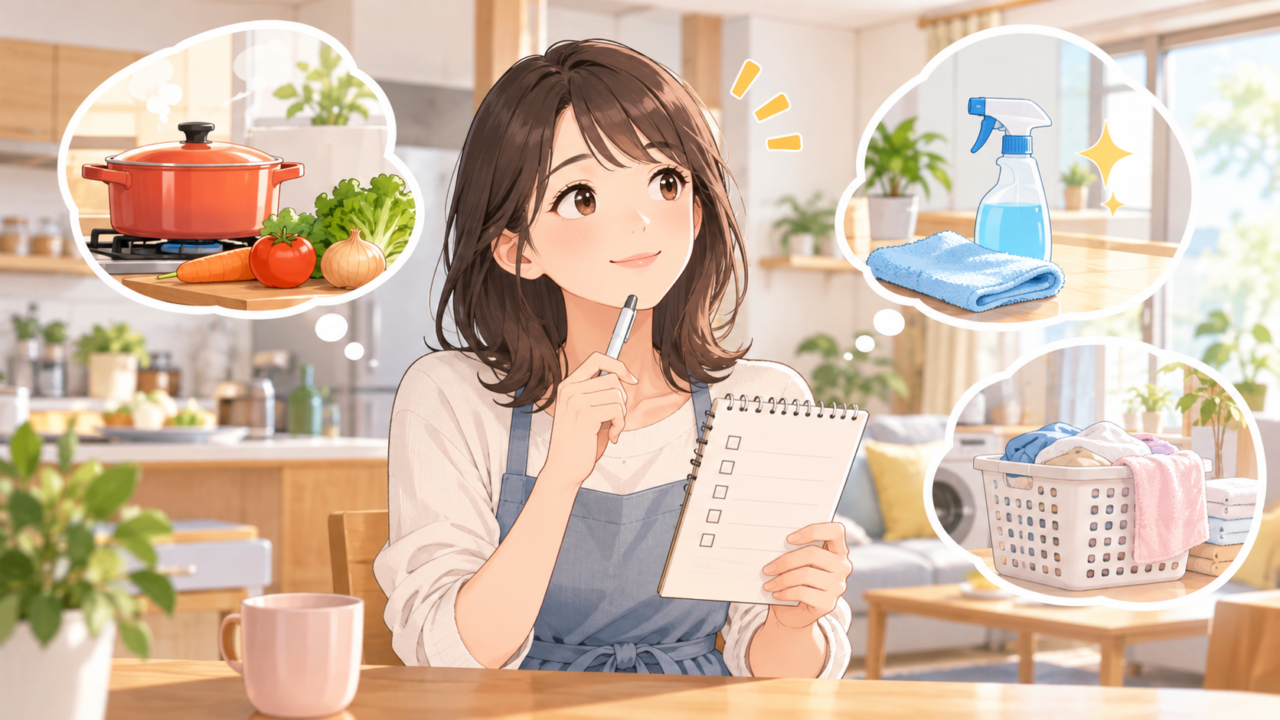 料理・掃除・洗濯の中から時短する家事を考える女性のイラスト