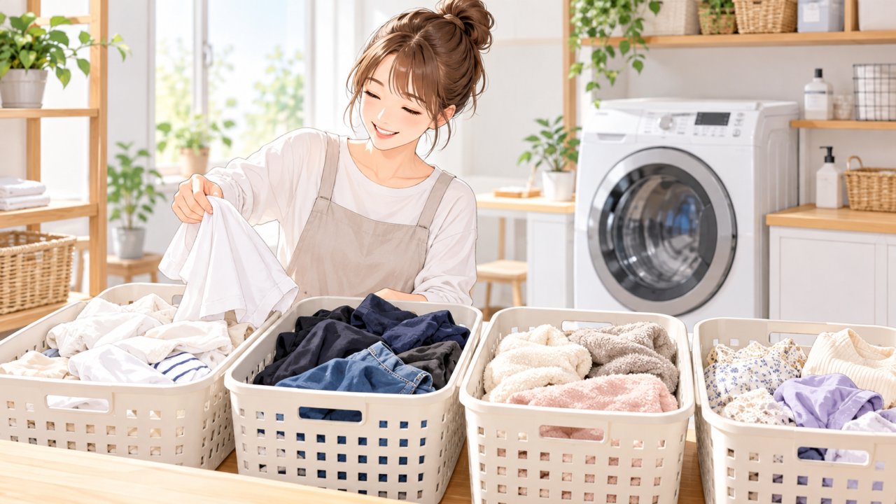 洗濯機の前で衣類を種類別の洗濯かごに仕分ける女性のイラスト