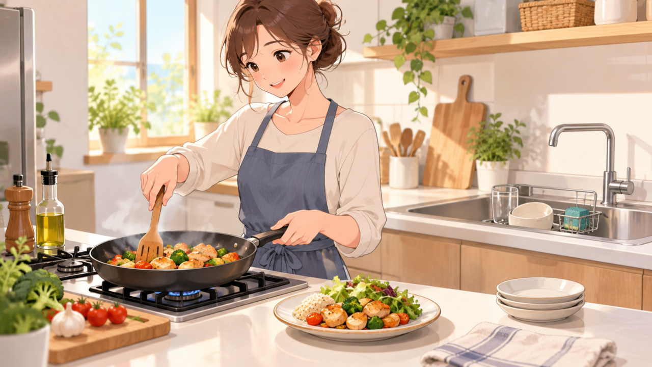 フライパン一つで料理を作り洗い物を減らす女性のイラスト
