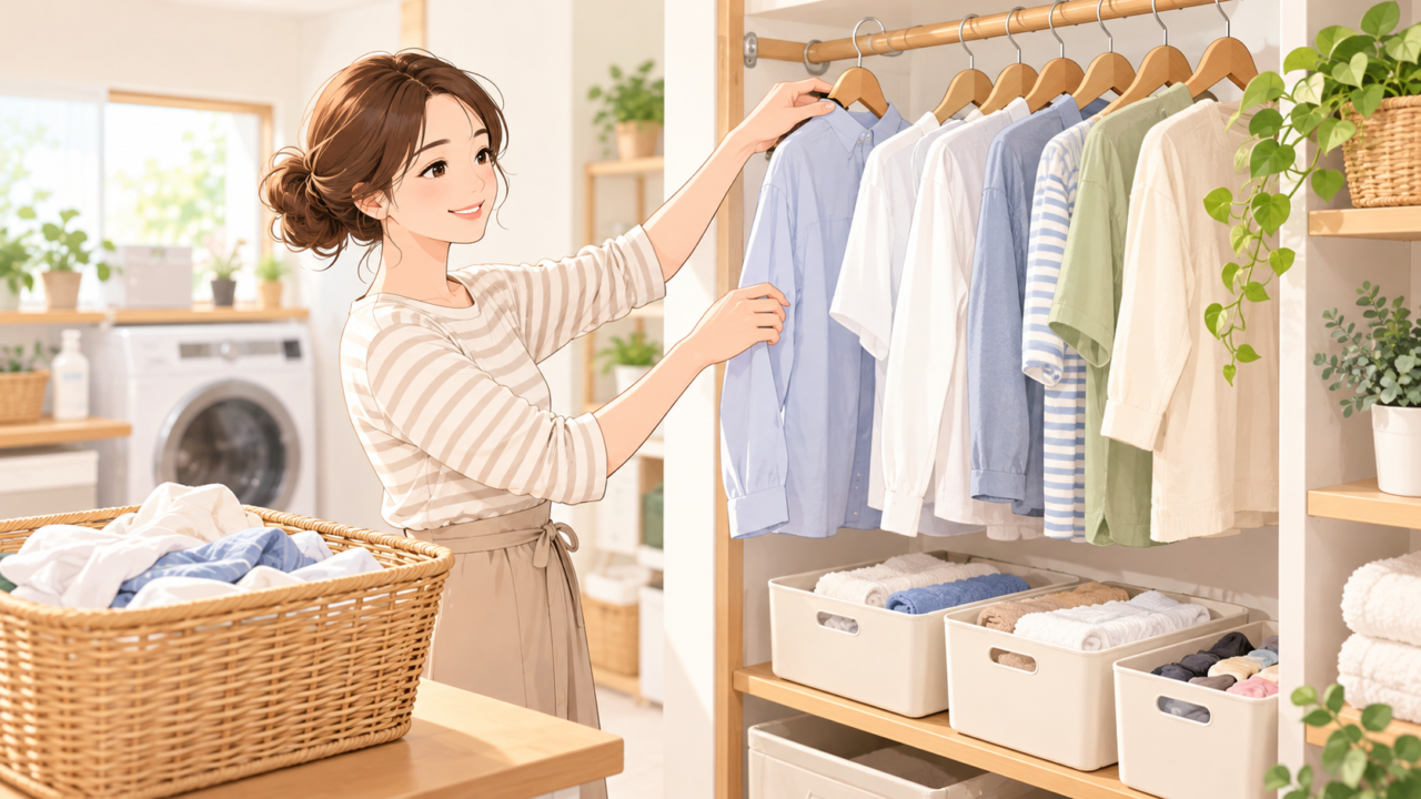 洗濯物を畳まずハンガーに掛けてクローゼットに収納する女性のイラスト