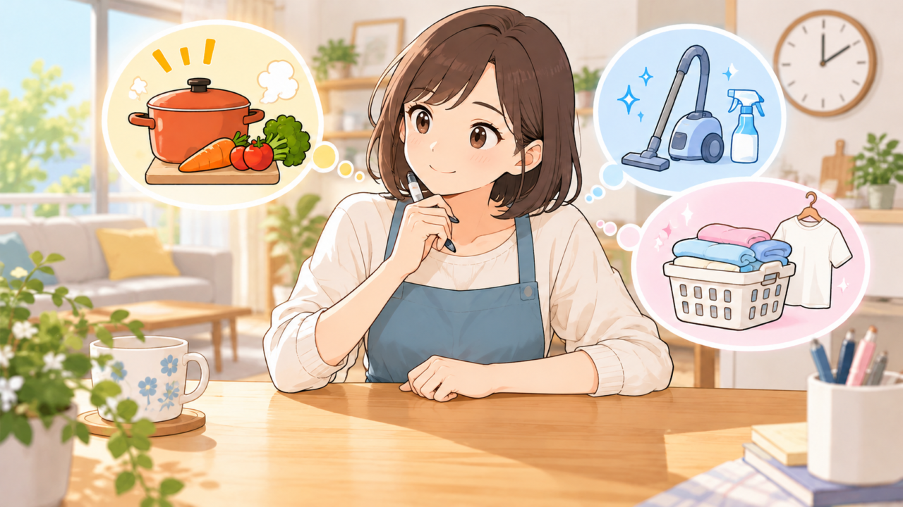 料理・掃除・洗濯の優先順位を考えている女性のイラスト