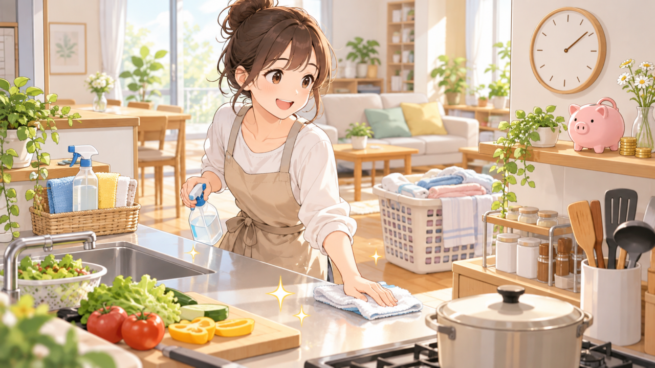 お金をかけずに掃除や洗濯を効率化する女性のイラスト