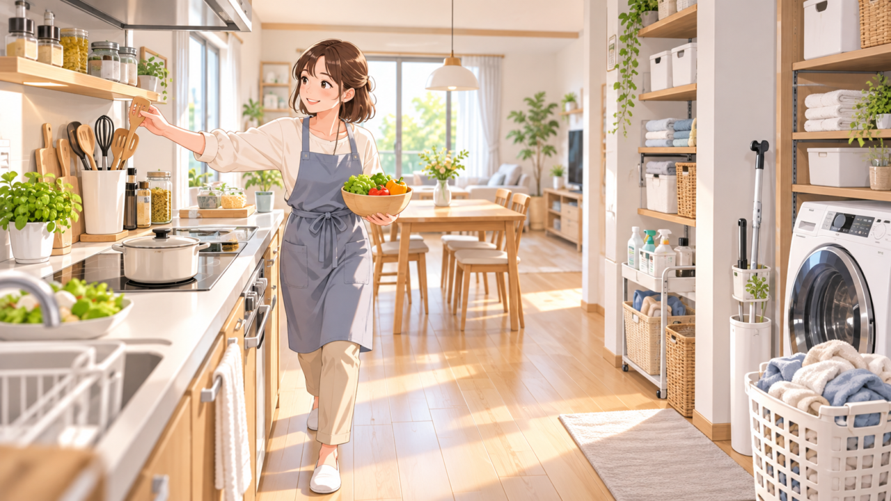 家事の時短のために動線を見直し、調理器具を取り出す女性のイラスト