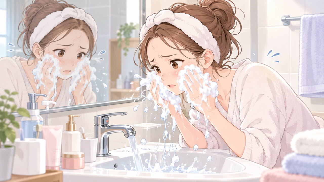 洗顔料の泡で顔を洗いすぎて困った表情をする女性のイラスト