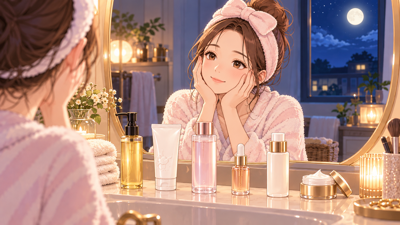 夜に鏡の前で肌のお手入れをする女性とスキンケア用品のイラスト