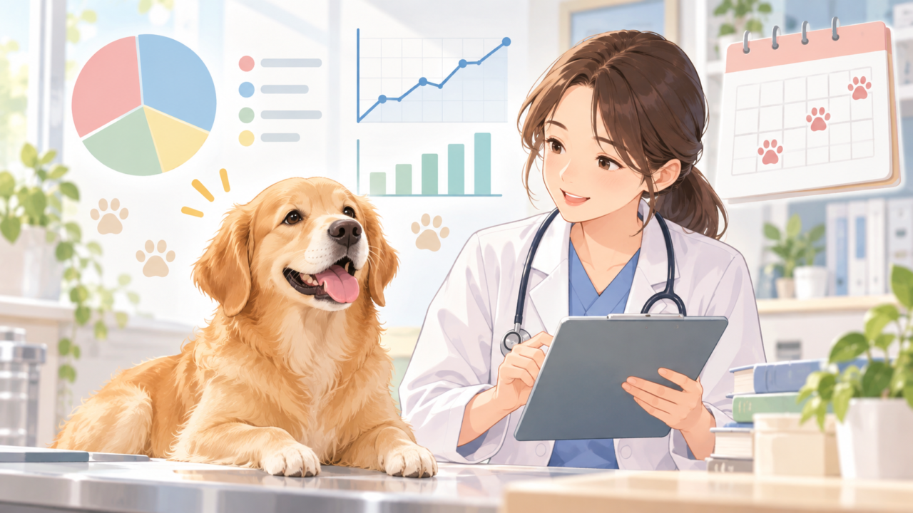犬の平均寿命について健康データを確認する獣医師とゴールデンレトリバー