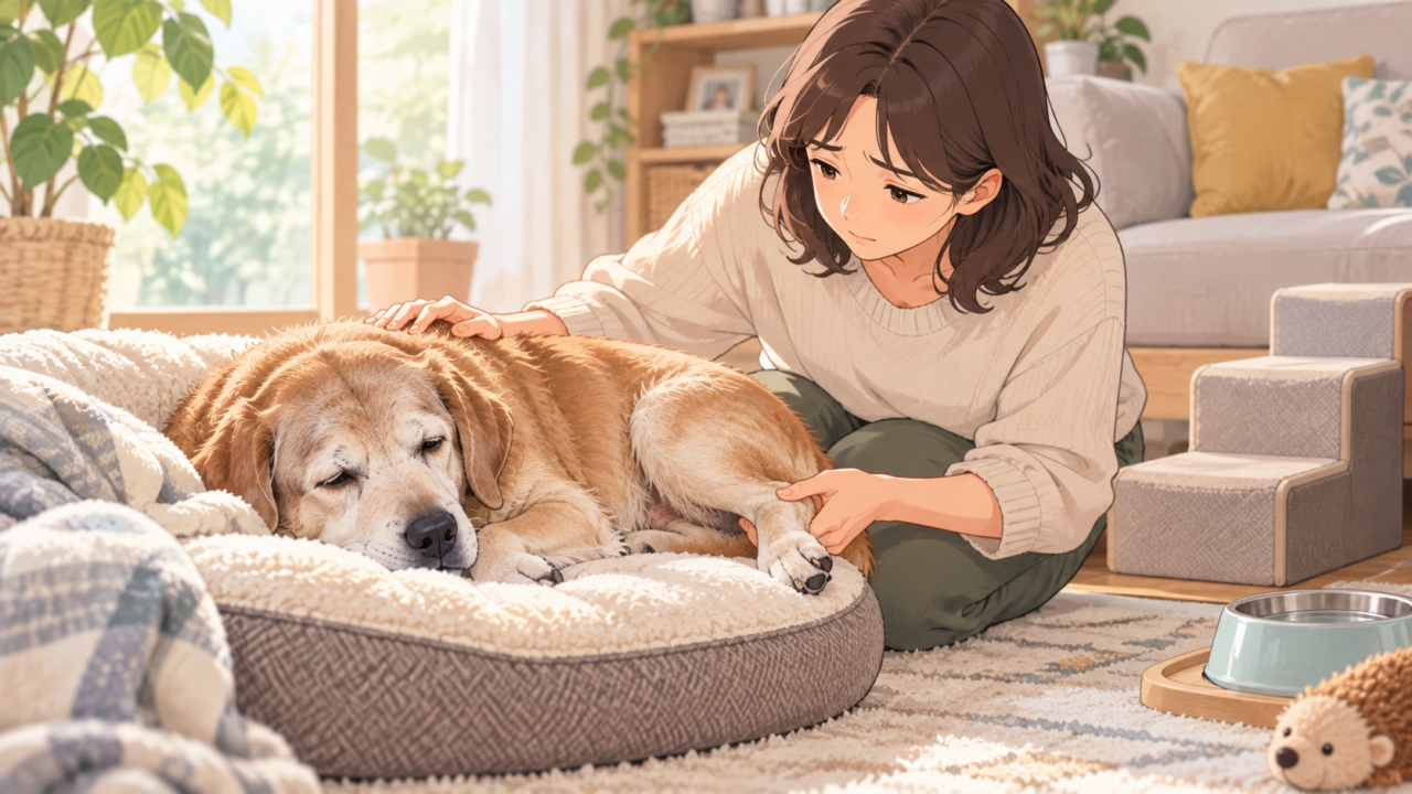 寝床で横になる高齢犬の体調を心配して様子を確認する女性