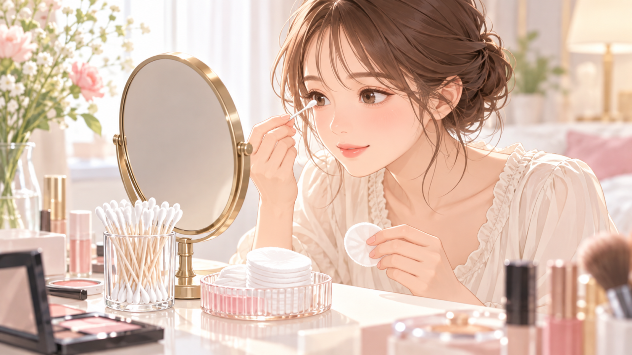 鏡を見ながら綿棒で目元のメイクを修正する女性とコットンのイラスト