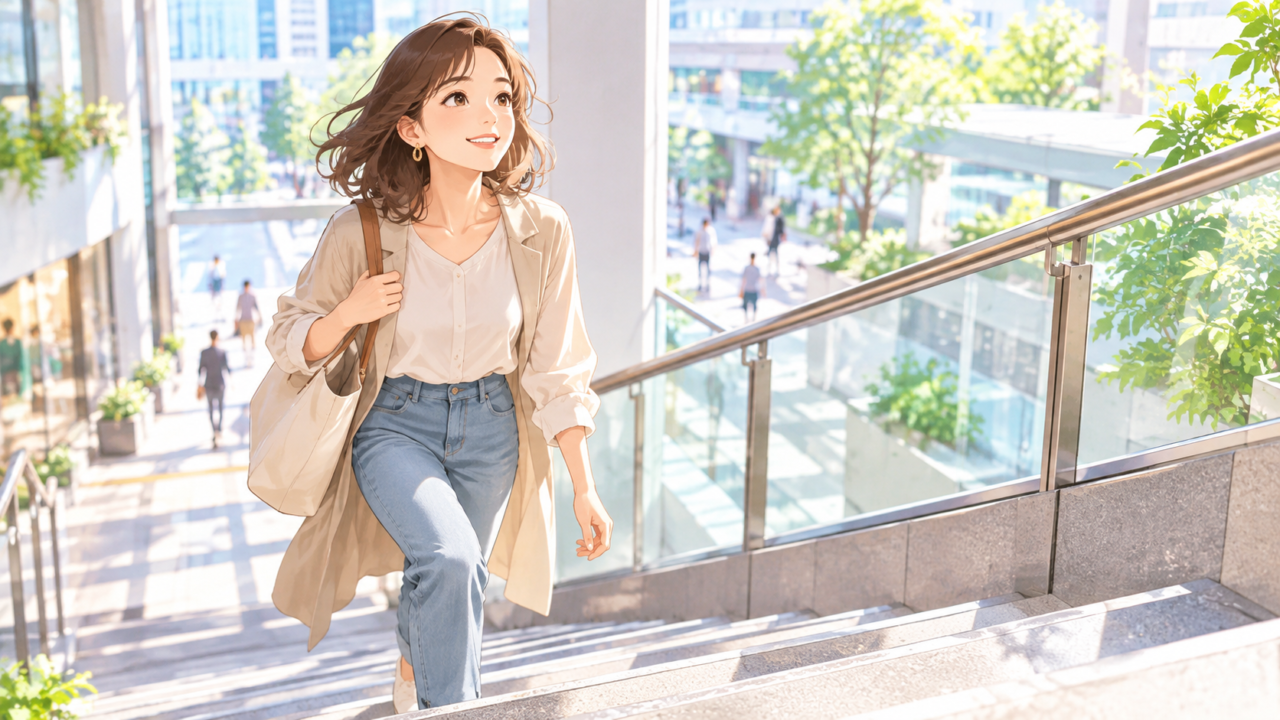 日常生活で階段を使って体を動かす女性