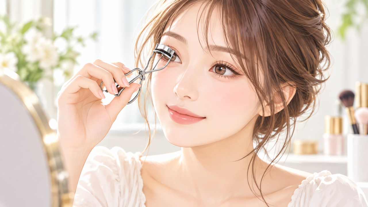 鏡を見ながらビューラーでまつ毛をカールさせる女性のイラスト