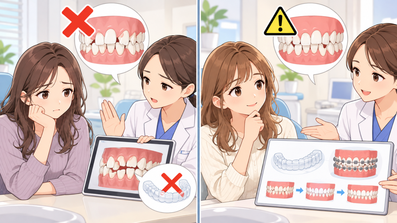 マウスピース矯正ができない場合と治療が難しい場合の違いを歯科医師に相談する女性