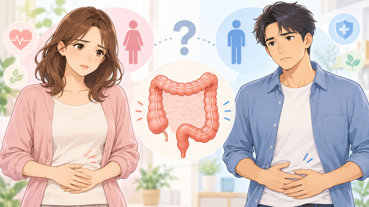 大腸がんの症状について考える女性と男性がお腹を押さえるイラスト