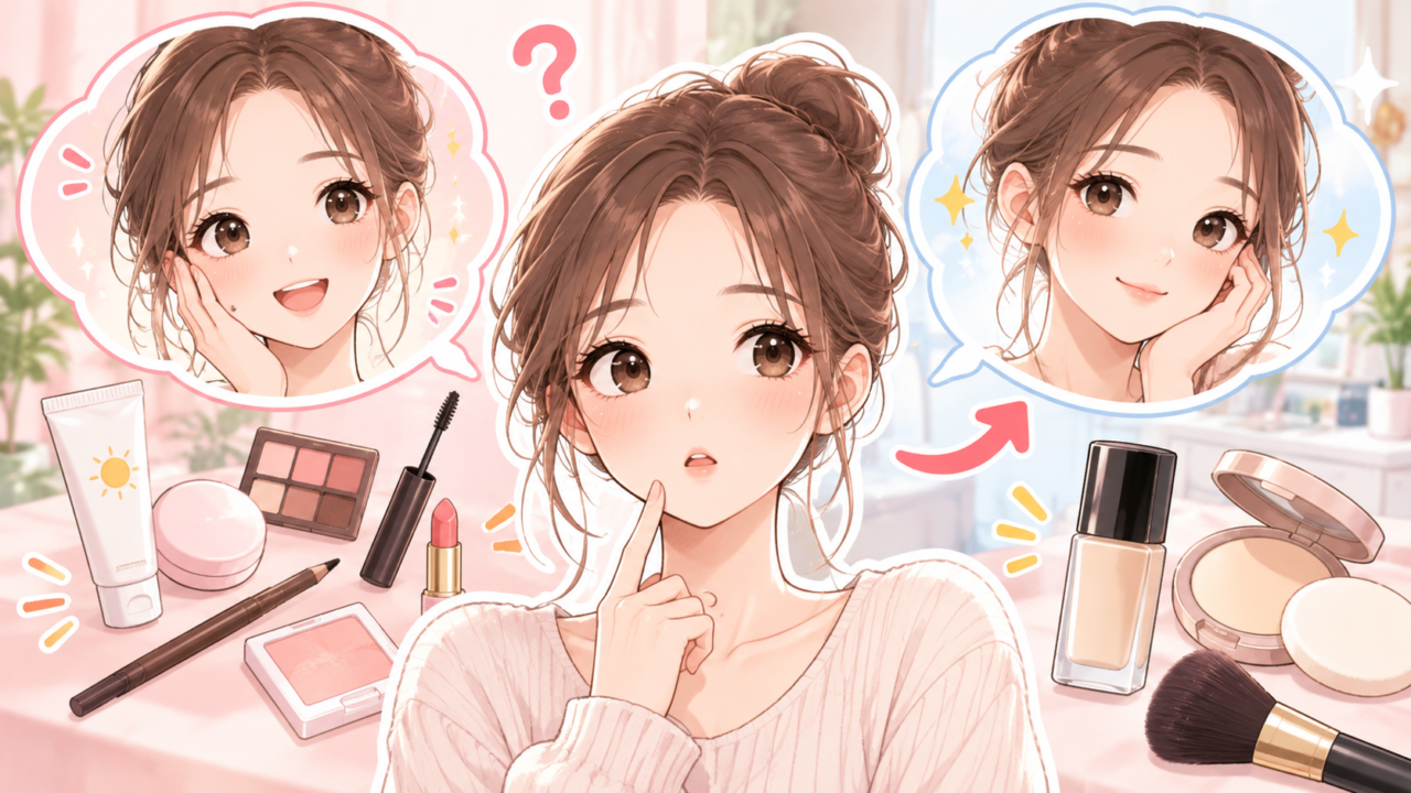 ファンデーションを使わずにアイブロウとリップで自然なメイクを楽しむ女性のイラスト
