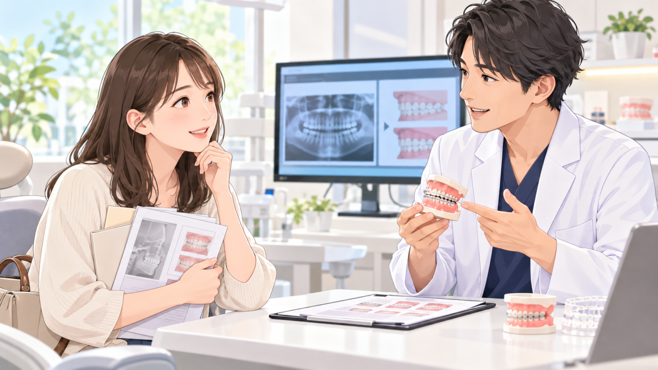 マウスピース矯正の治療方針について歯科医師にセカンドオピニオンを求める女性