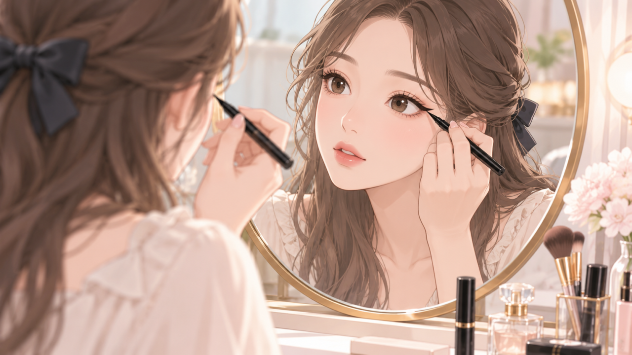 まつ毛の生え際にアイラインを引く女性