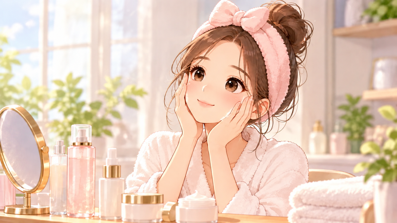 化粧水や美容液が並ぶ洗面台でスキンケア後の肌を確かめる女性のイラスト
