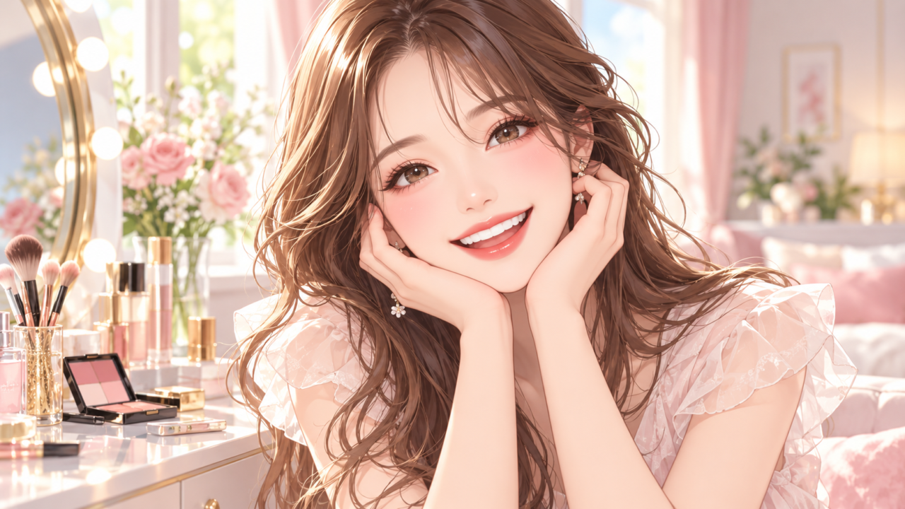 メイクを楽しみ笑顔を見せる女性