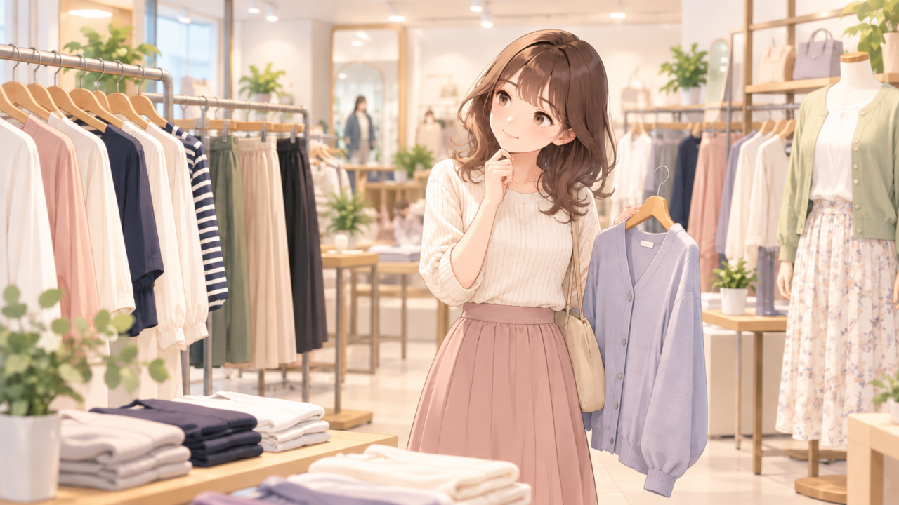 レディースファッションの洋服店で薄紫色のカーディガンを選ぶ女性