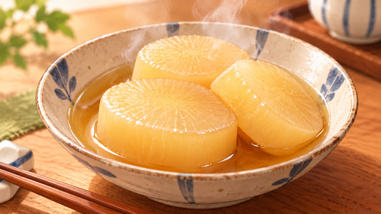 厚切り大根をだし汁でやわらかく煮込んだ料理
