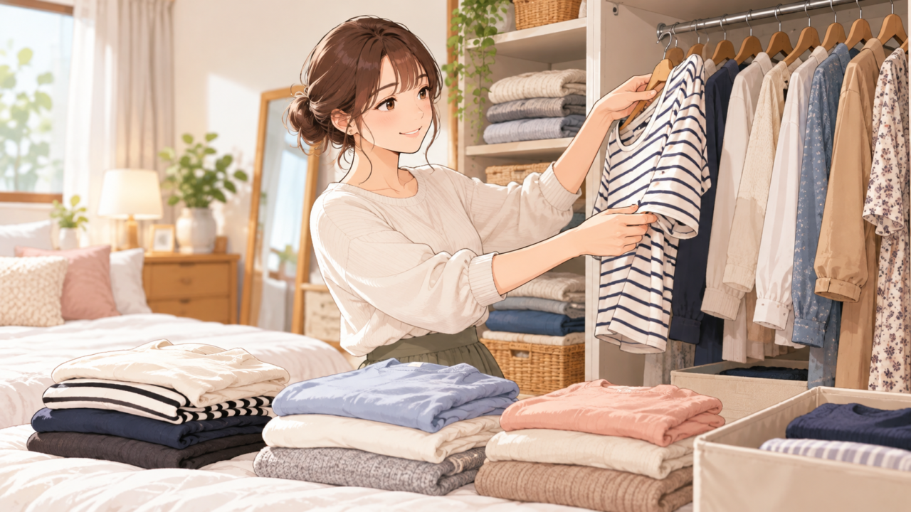クローゼットの洋服を整理して手持ちの服を確認する女性