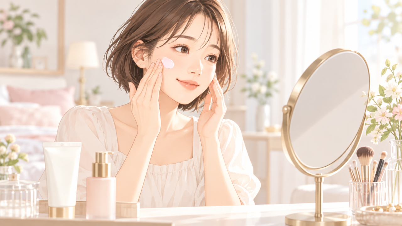 日焼け止めと化粧下地を顔になじませる女性