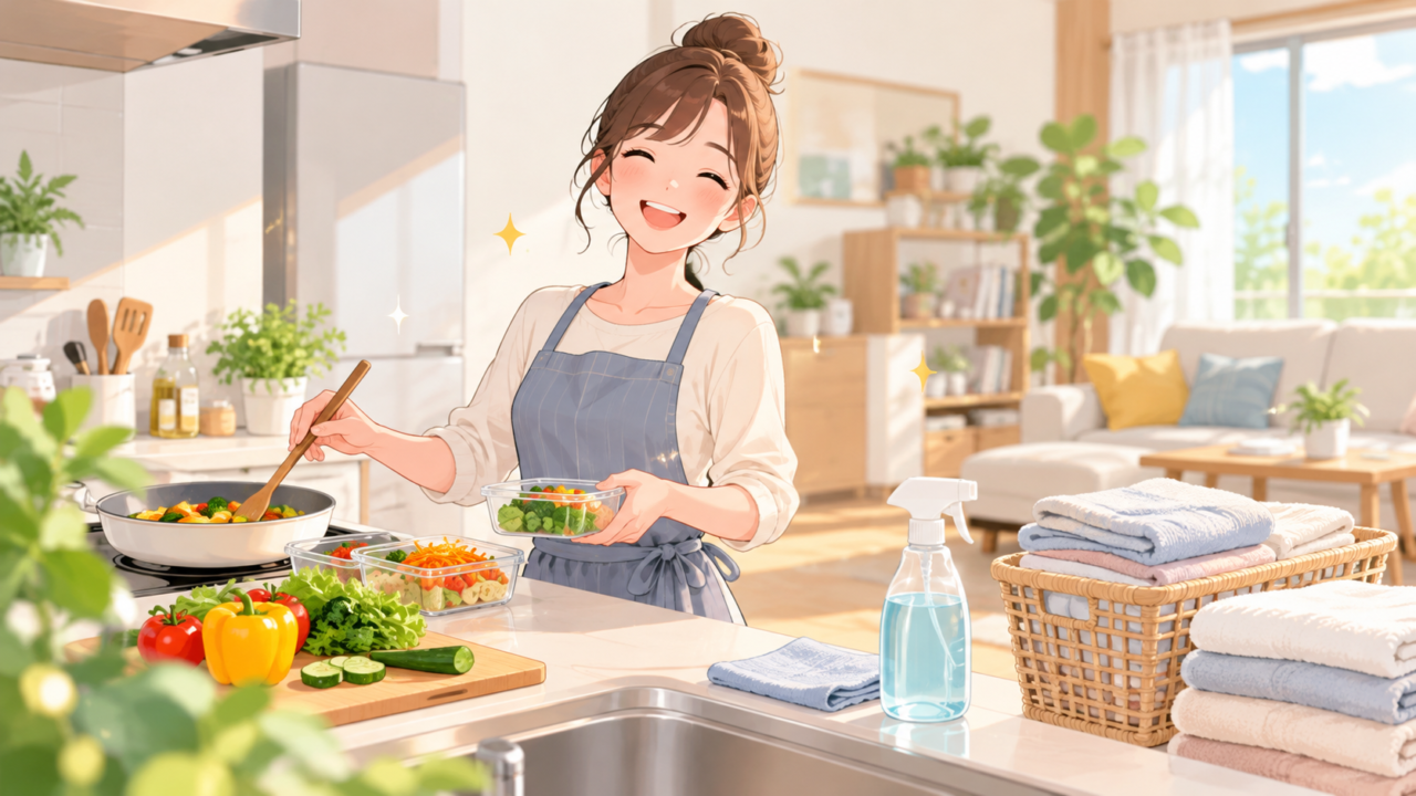 料理・掃除・洗濯の家事を効率化するため、調理や片付けを進める笑顔の女性のイラスト