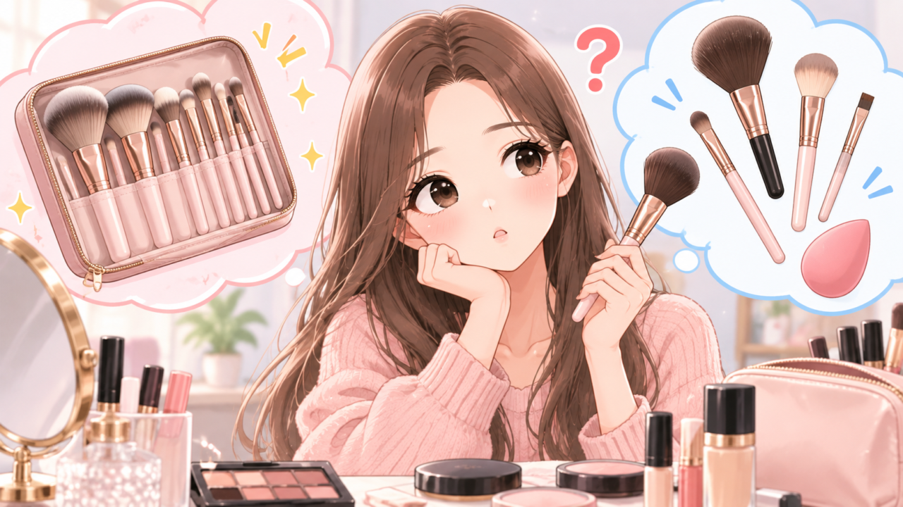 メイクブラシセットと必要なブラシだけを購入する方法で迷う女性のイラスト