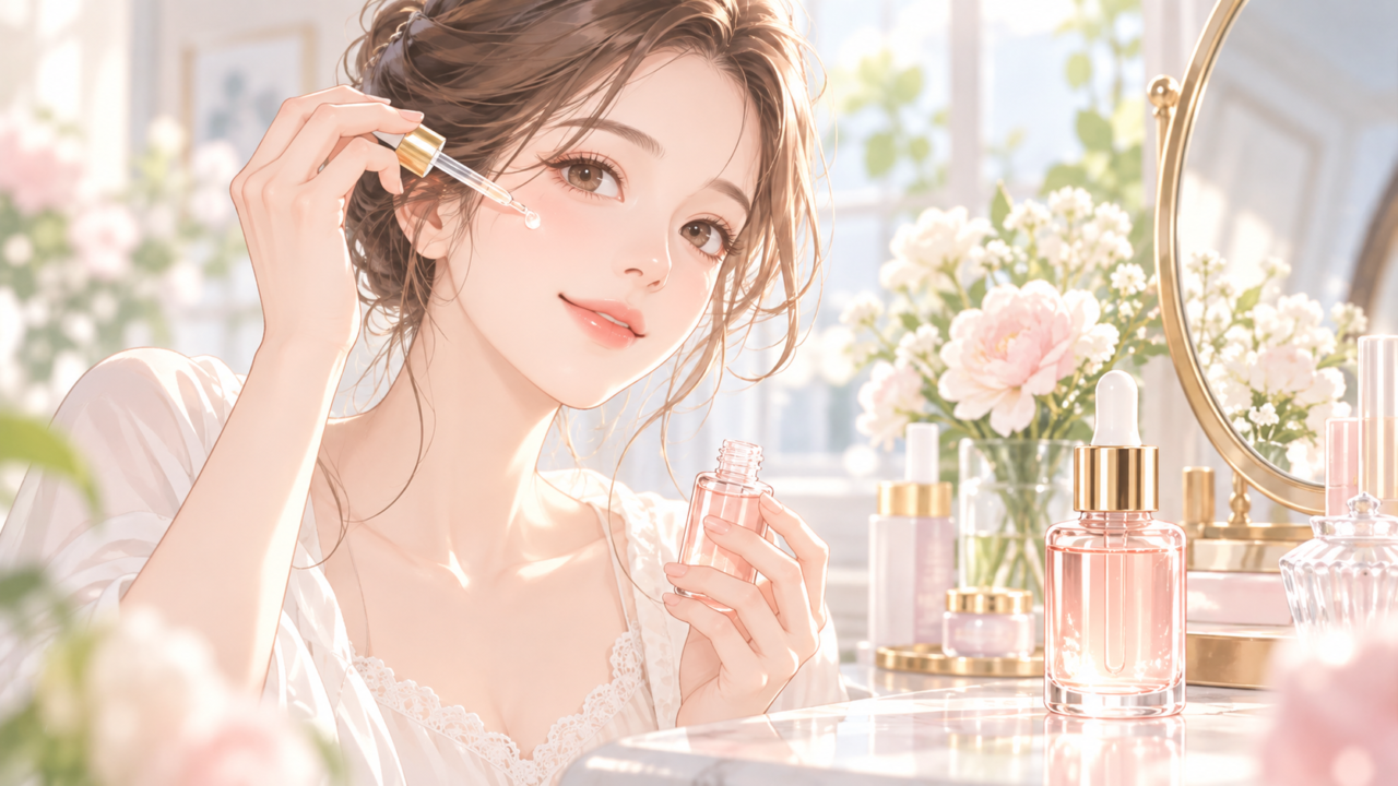 スポイトで美容液を頬に塗布しようとする女性のイラスト