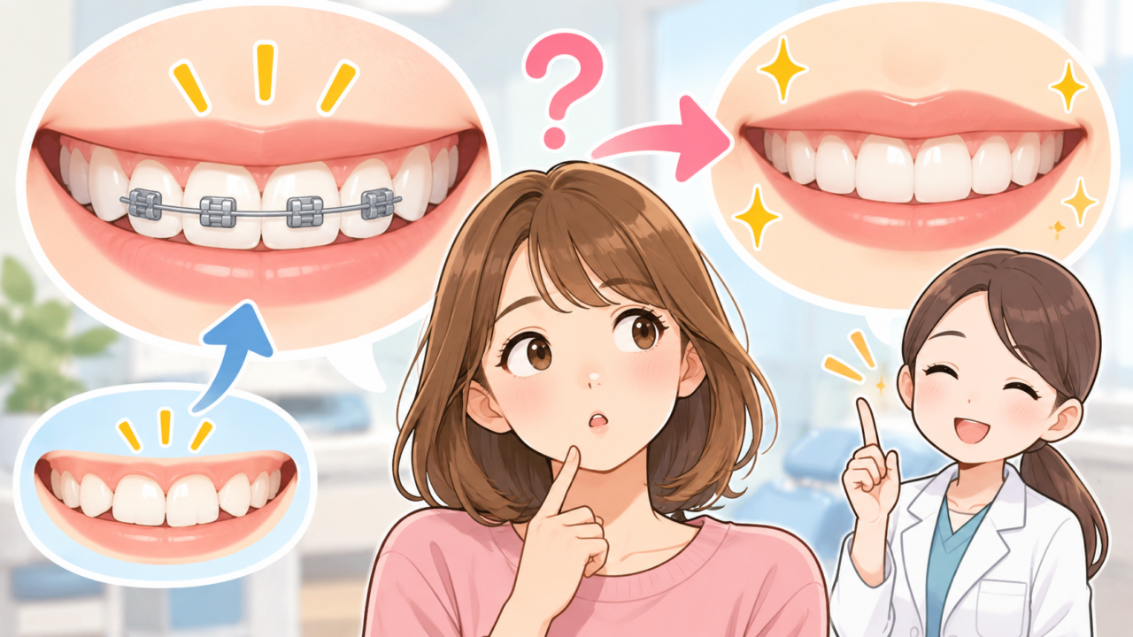 前歯だけの部分矯正とワイヤー矯正について歯科医師に相談する女性