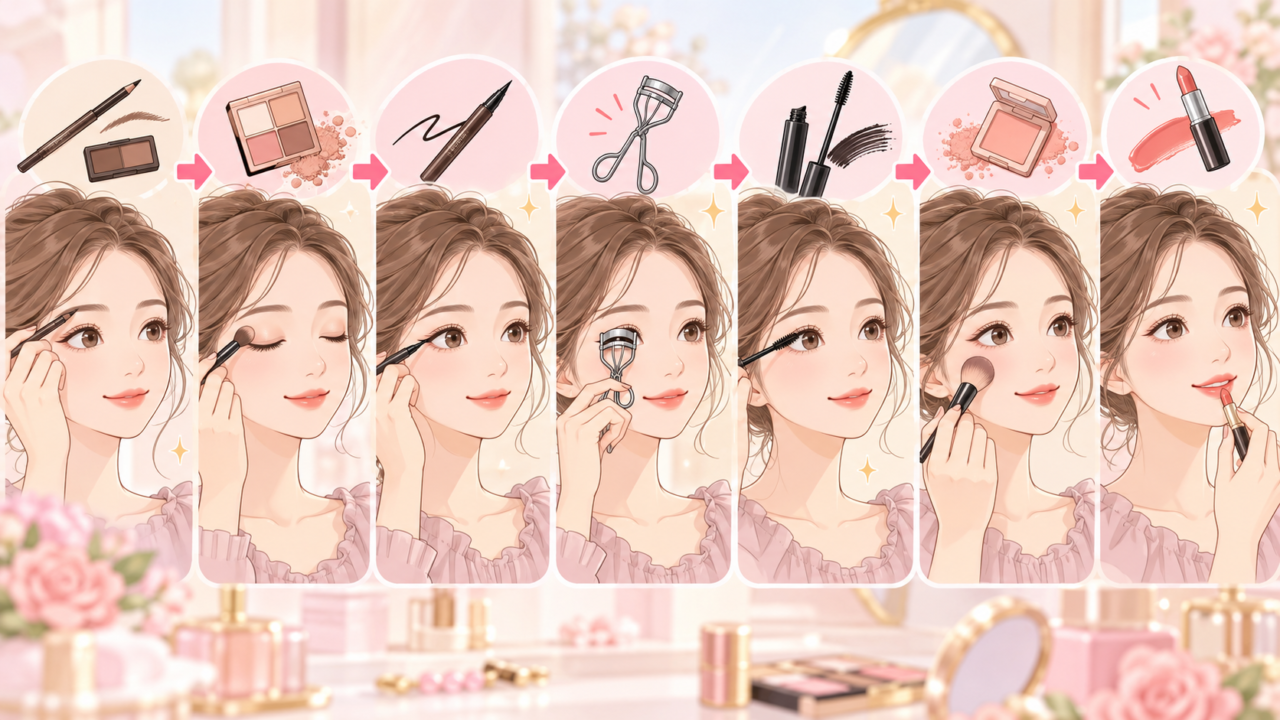 アイブロウ・アイシャドウ・アイライナー・マスカラ・チーク・リップの順番を示したイラスト