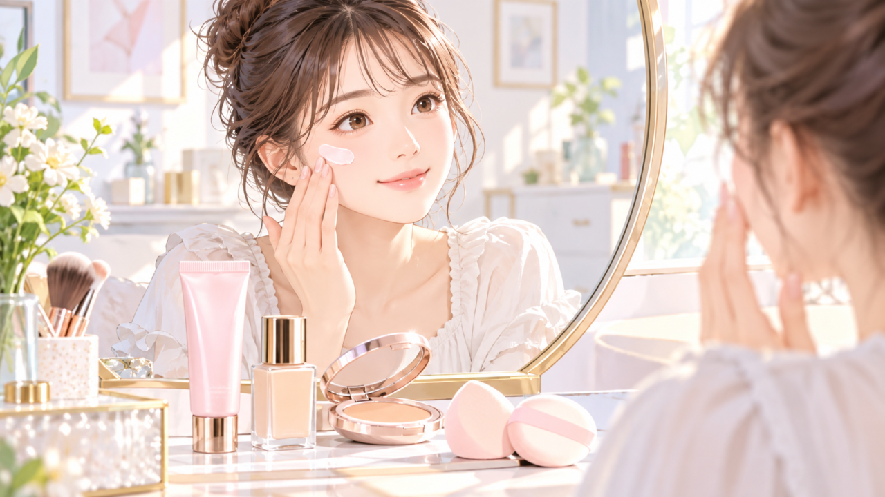 鏡を見ながら化粧下地を頬に塗ってベースメイクの準備をする女性のイラスト