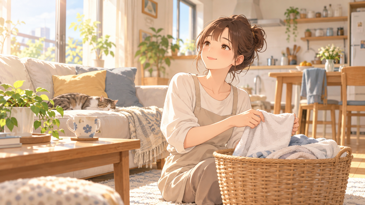 リビングで無理せず洗濯物を畳む女性とくつろぐ猫のイラスト